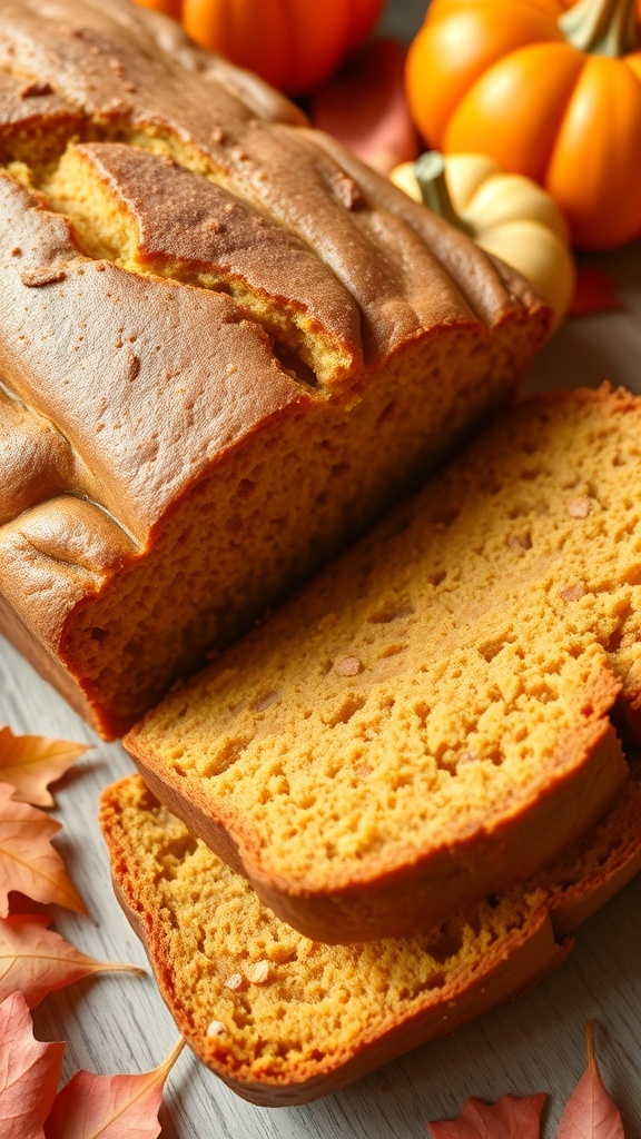 Sliced pumpkin bread with a golden crust, showcasing its moist texture, surrounded by autumn decorations.
